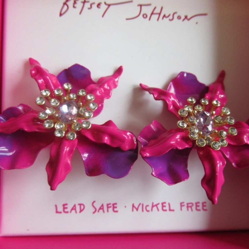 BETSEY JOHNSON SET Pink & Purple Ombré Orchid Earrings Necklace & Ring NEW NWT - Picture 6 of 16